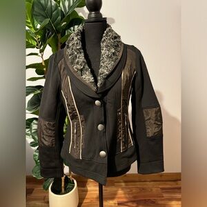 Chic Black and Gray Teddy Jacket with Faux Fur Collar